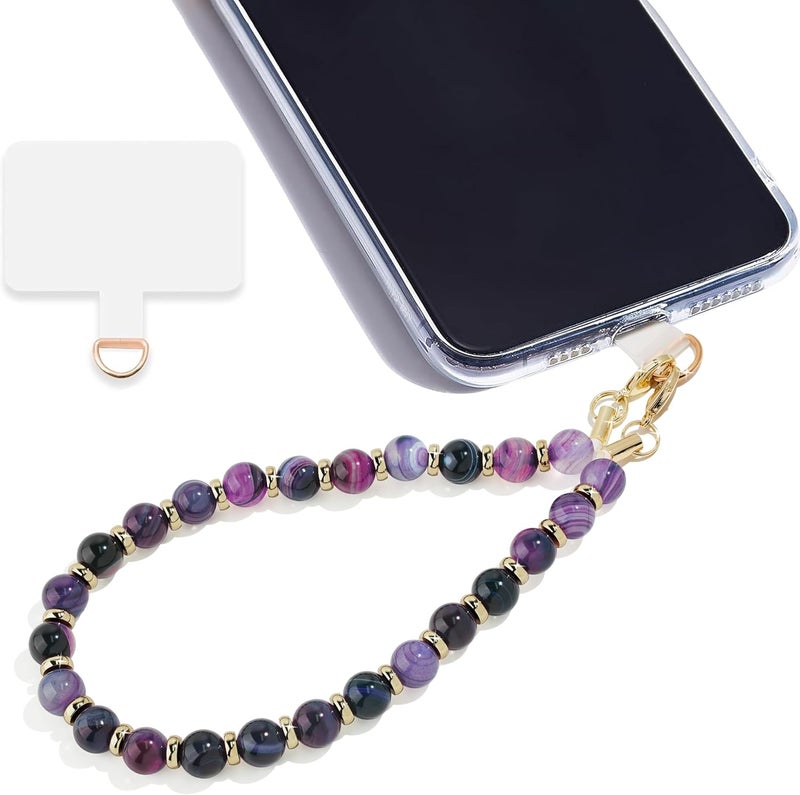 Lostars Store Marble Beaded Phone Wrist Strap,Detachable Phone Bracelet Strap with Tether Tab,Hands-Free Wristlet Strap (Purple Peacock Agate) - Image 1